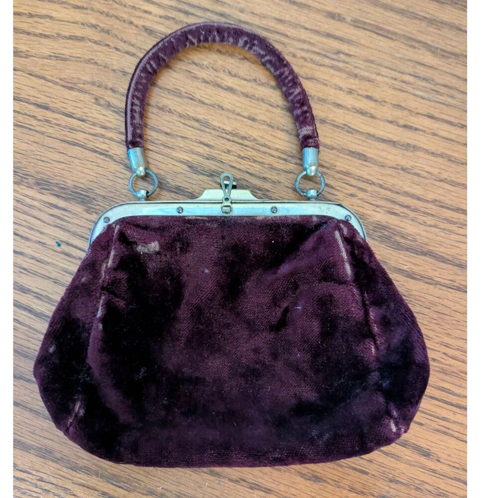 Antiqe Deep Purple Velvet Kiss-Lock Evening Bag Purse Top handle - Picture 2 of 14